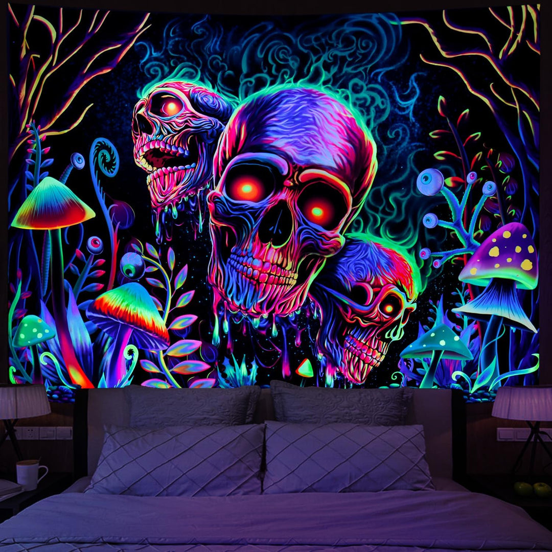 Mushroom Skulls Blacklight UV Tapestry