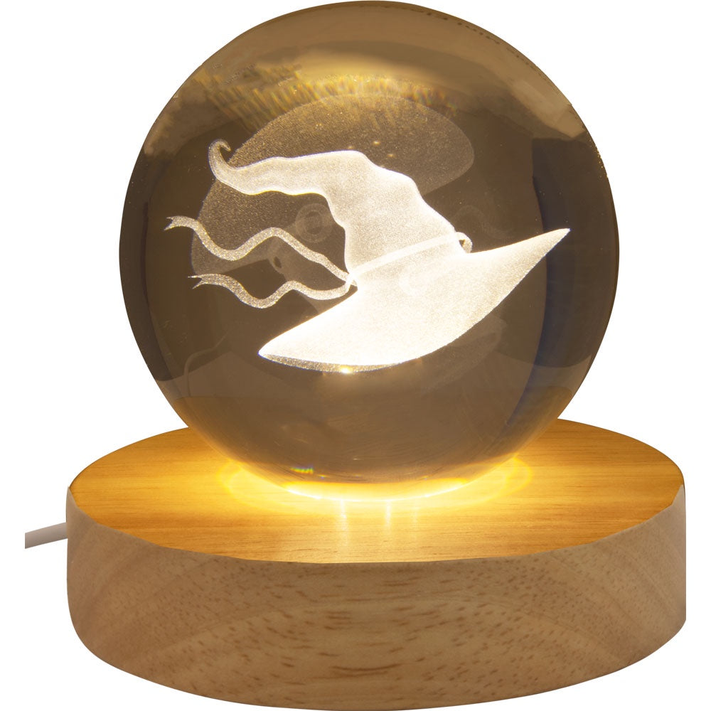 Glass Crystal Ball - 3D Laser Engraved w/ Wood LED Light Base - Witch Hat
