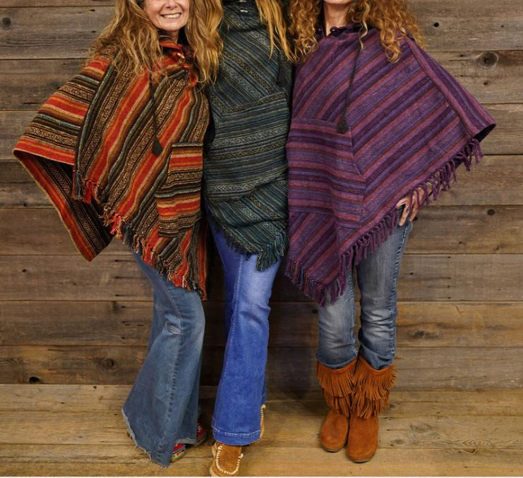 Jayli - Brushed Gherri Cotton Hooded Triangle Poncho w/Front Pouch
