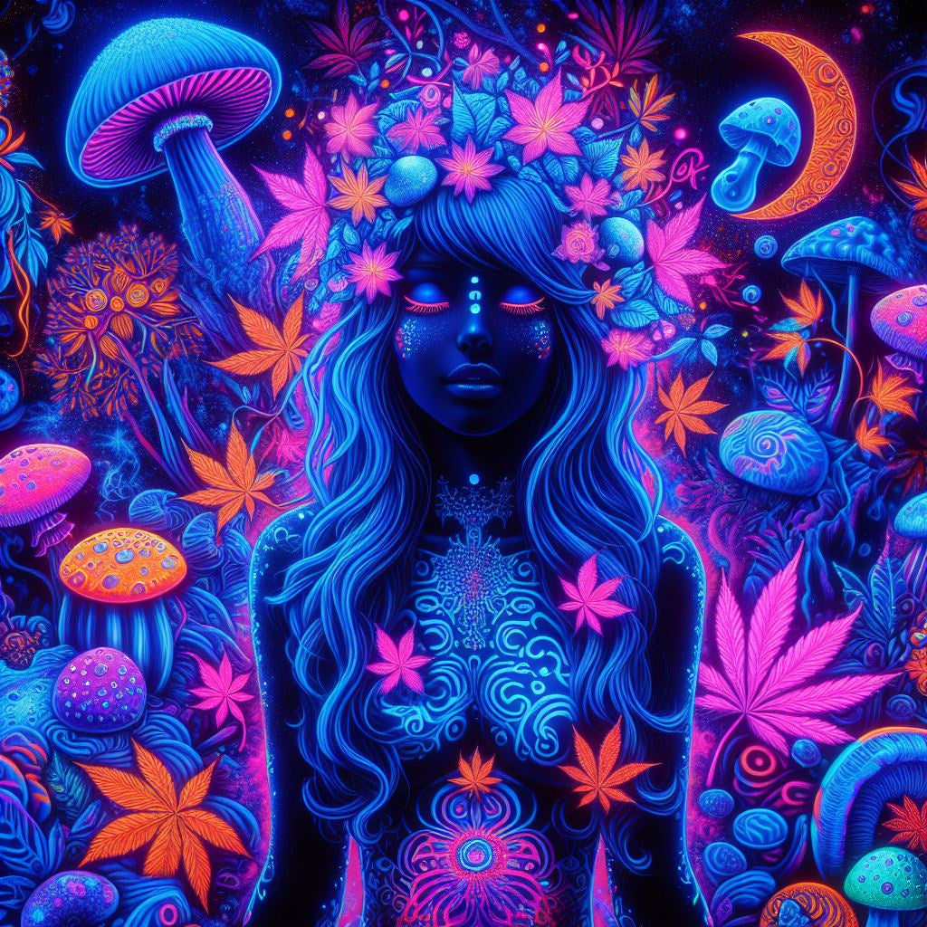 Beauty & Shrooms Blacklight UV Tapestry 50'' x 60''