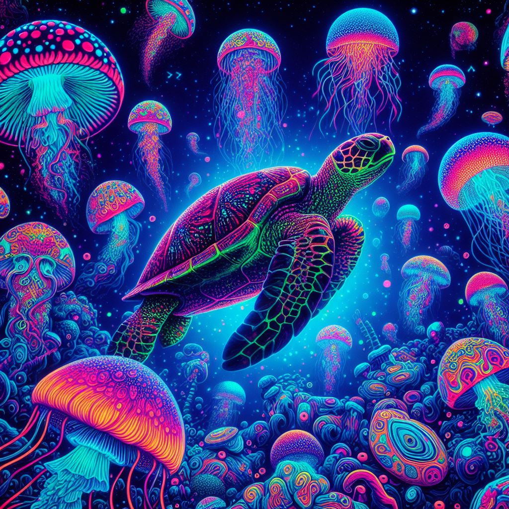 Turtle & Jellyfish Blacklight UV Tapestry 50'' x 60''