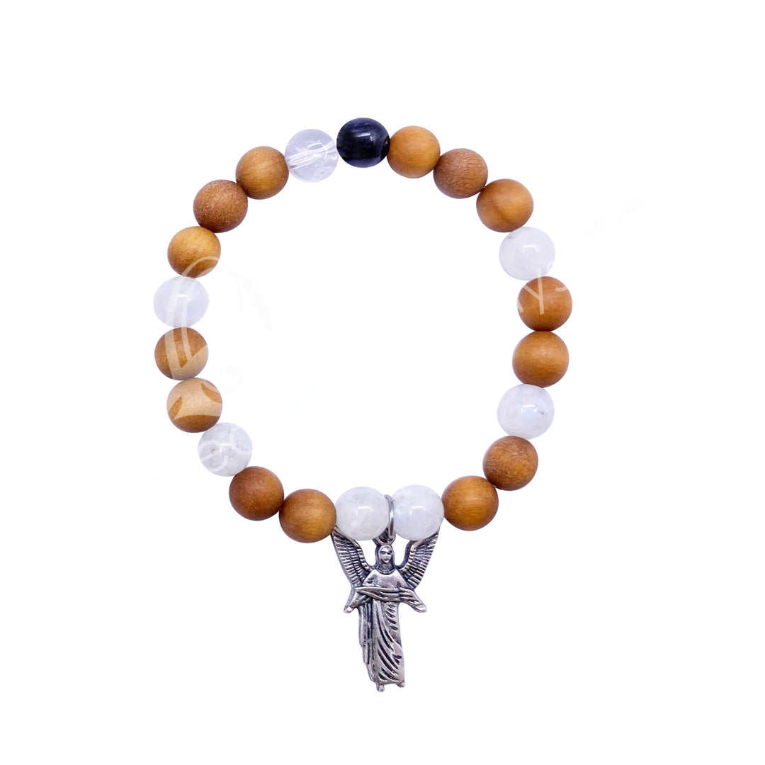 Oceanic - Rainbow Moonstone & Wooden Beaded Bracelet w/Archangel Gabriel