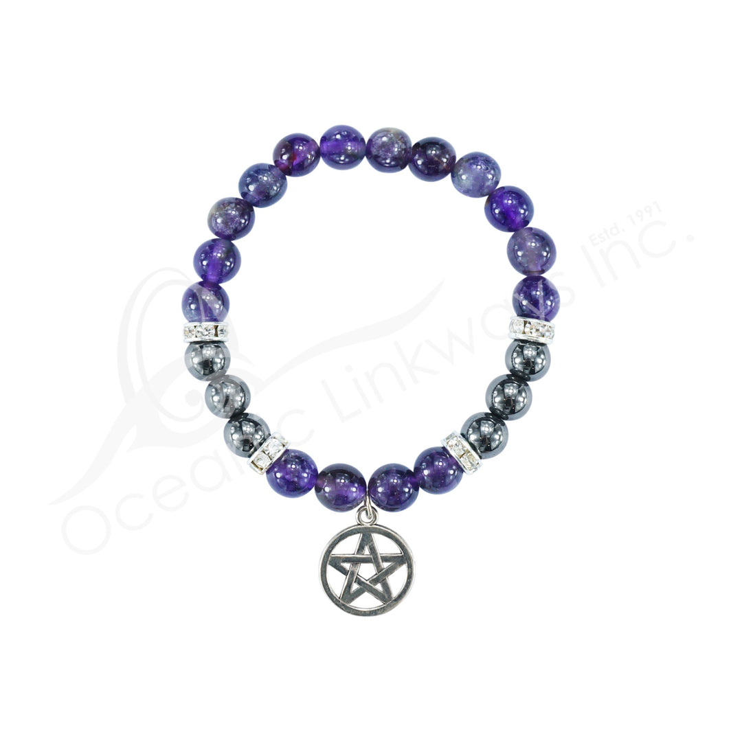 Oceanic - Amethyst & Hematite Beaded Bracelet w/Pentacle