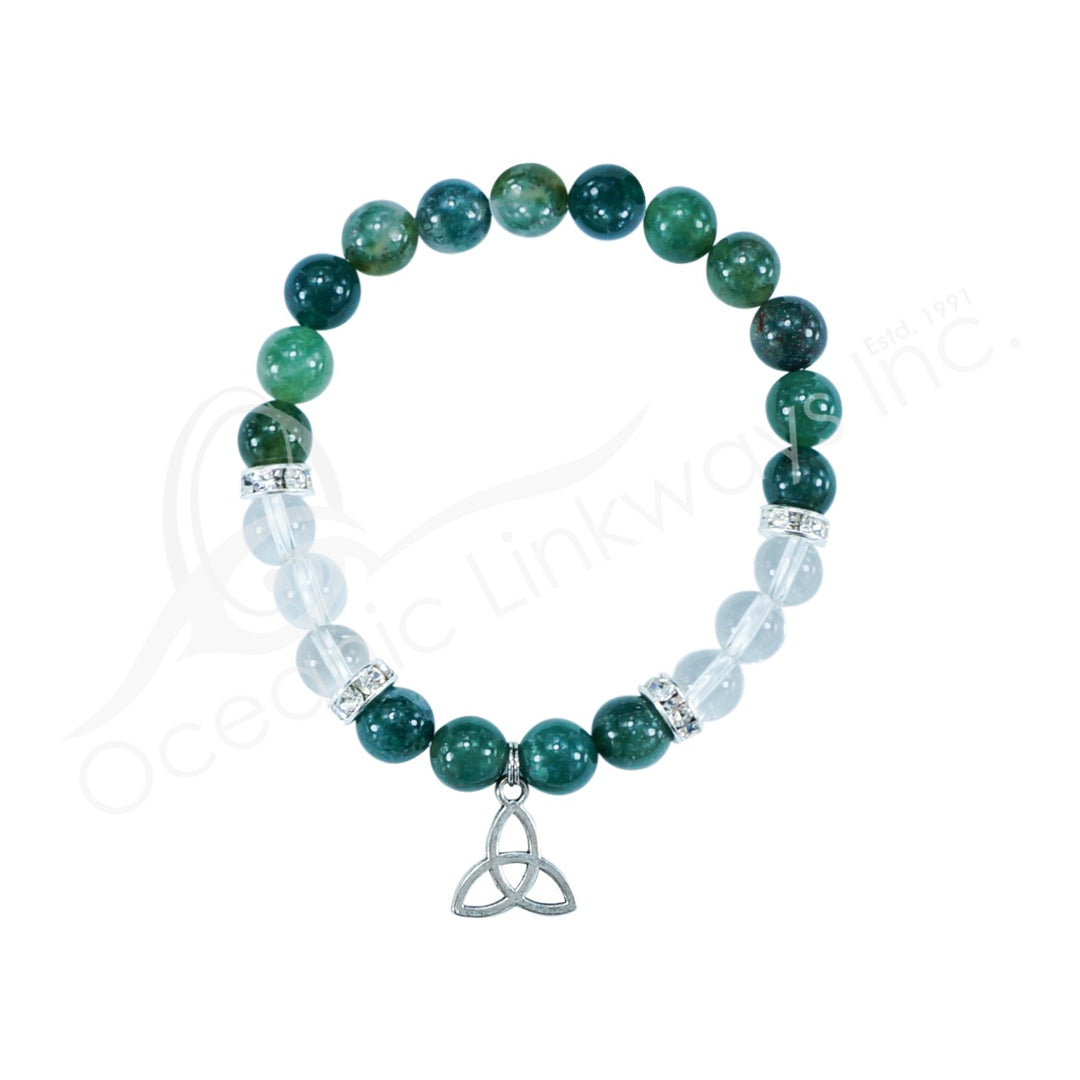Oceanic - Green Moss Agate & Clear Quartz Beaded Bracelet w/Triquetra