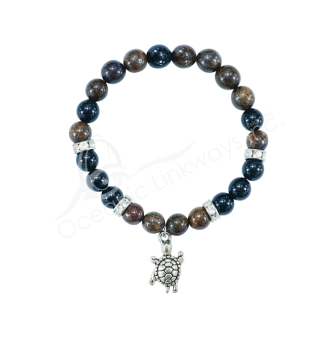 Oceanic - Axinite-Bronzite & Rainbow Obsidian Beaded Bracelet w/Turtle