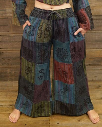 Jayli - Striped Cotton Dharke Patchwork & Block Print Super Wide Leg Pants