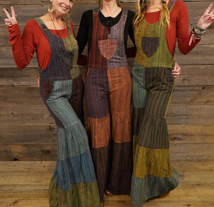 Jayli - Striped Cotton Dhakre Patch Tiered Wide Leg Long Overall