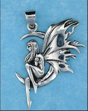 Nirvana - Sterling Silver Fairy on Moon Pendant