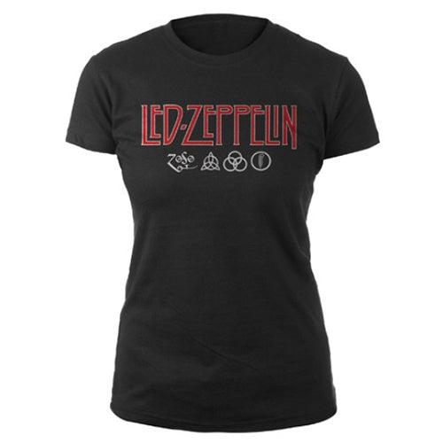 Led Zeppelin Logo & Symbols Ladies T-Shirt- (RO)