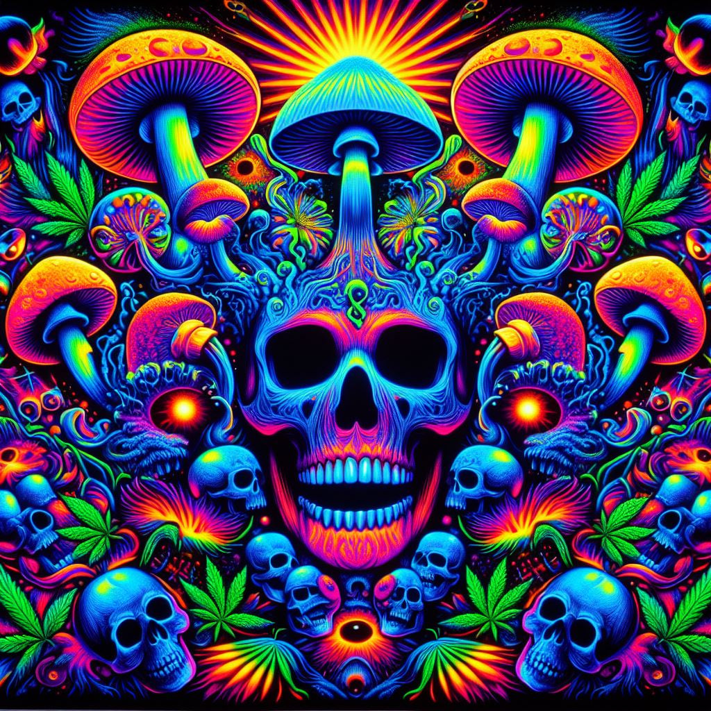 Trippy Mushroom Skulls Blacklight UV Tapestry 50'' x 60'