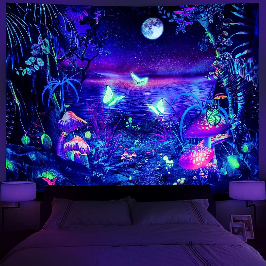 Mushroom Butterfly Ocean Blacklight UV Tapestry