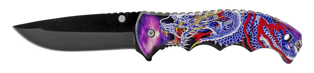 4.75" Drop Point Finger Grip Ancient Carver Design Folding Pocket Knife - Japanese Warrior Dragon