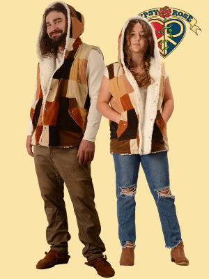 Patchwork Corduroy Sherpa Fleece-Lined Hooded Vest
