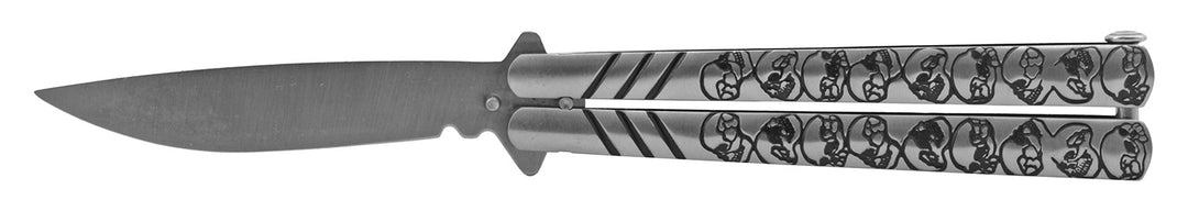 5.25" Stainless Steel Unsharpened Flipping Practice Butterfly Balisong Folding Pocket Knife - Silver Skull