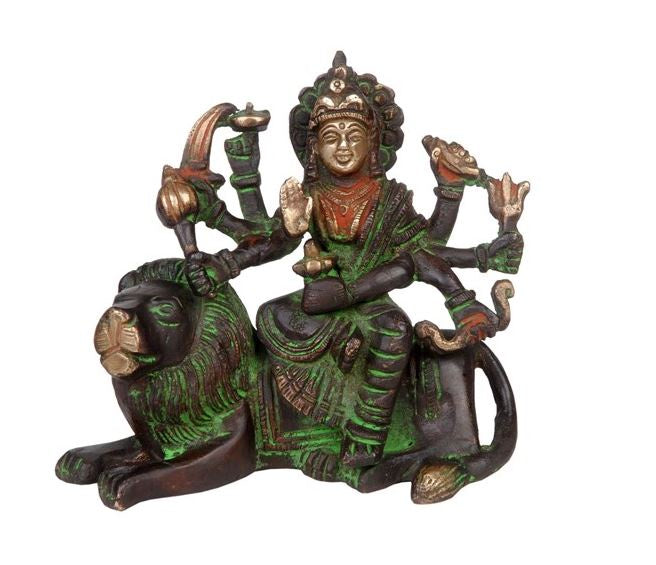 India Arts - 3-Tone Brass Seated Durga on Lion Statue