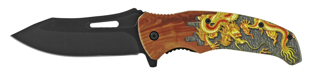 4.75" Drop Point Wooden Dragon Dagger Folding Pocket Knife - Fire Dragon