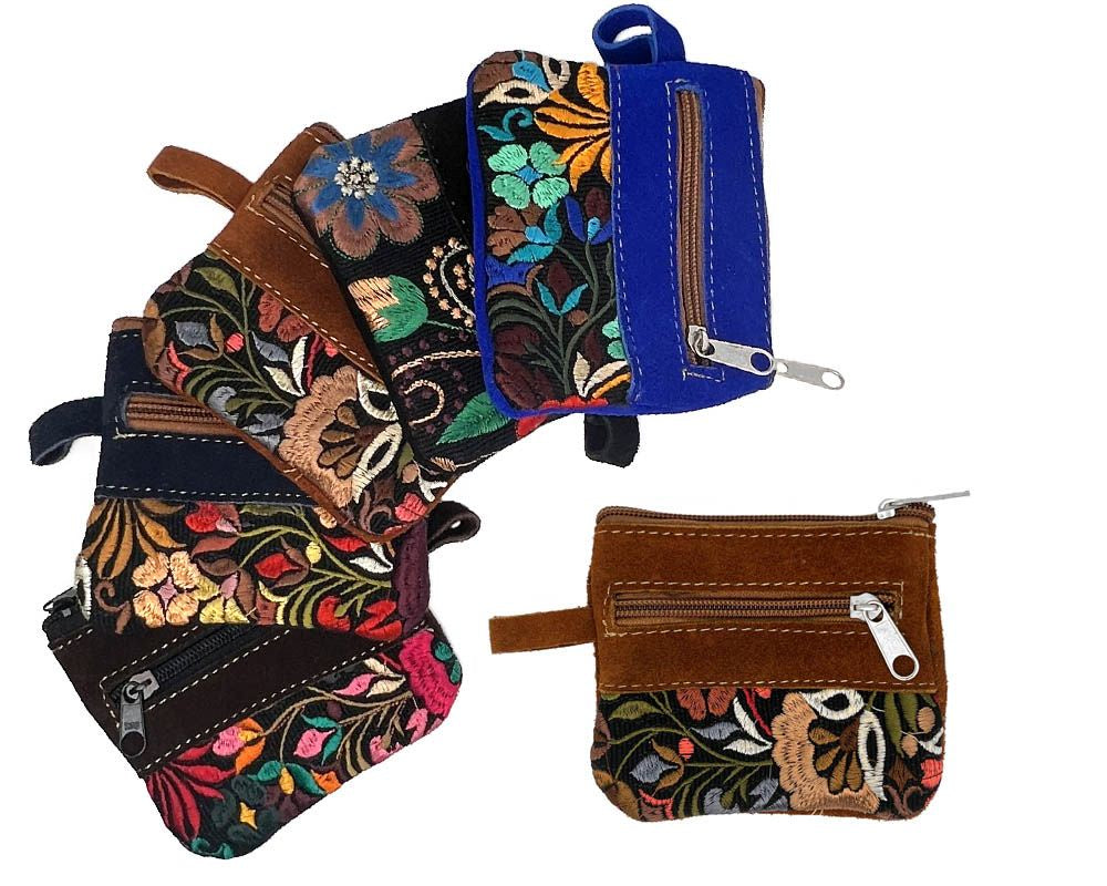 Leather Flower Embroidered Coin Purse