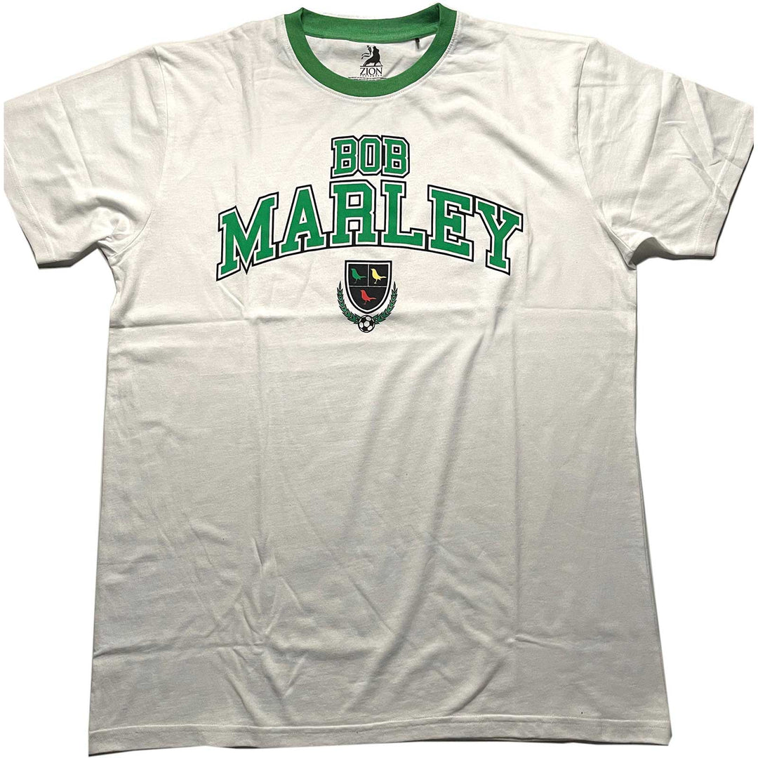 BOB MARLEY UNISEX RINGER T-SHIRT: COLLEGIATE CREST