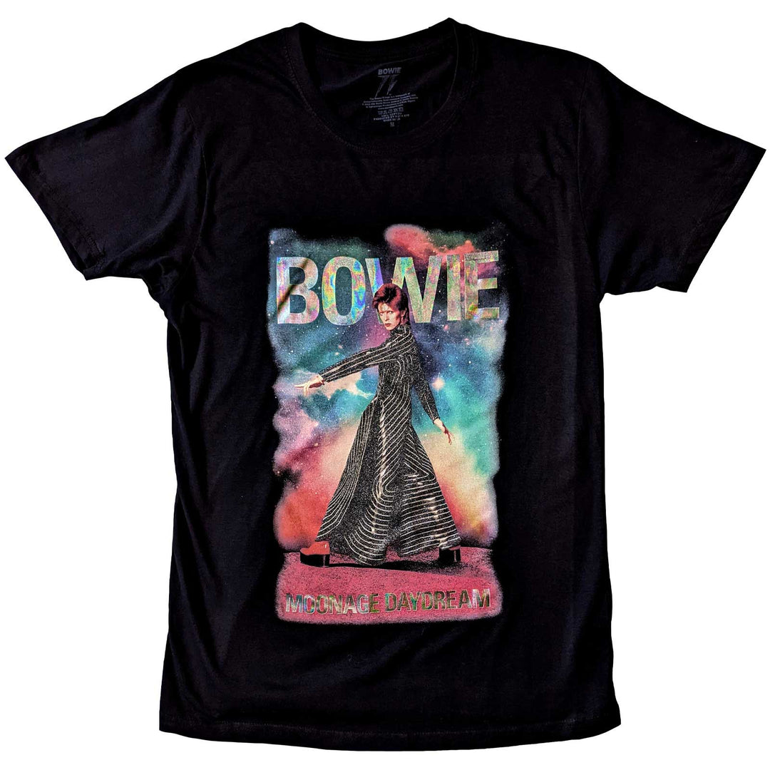 DAVID BOWIE UNISEX EMBELLISHED T-SHIRT: MOONAGE 11 FADE (GLITTER PRINT)