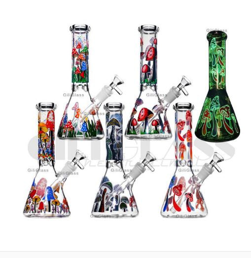 Gili Glass 10" Mushroom Design w/Glow Accents Beaker Pipe