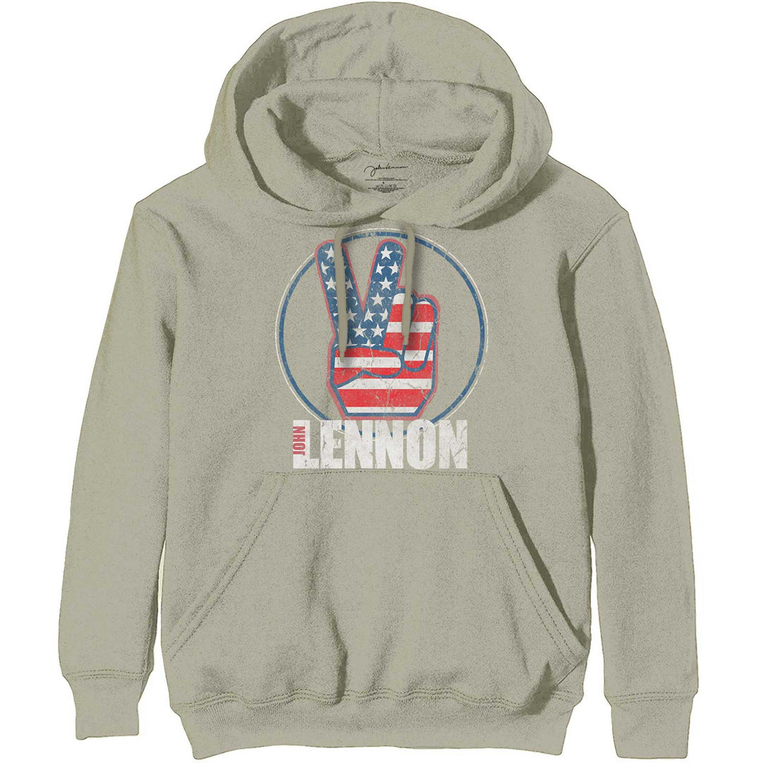JOHN LENNON UNISEX PULLOVER HOODIE: PEACE FINGERS US FLAG