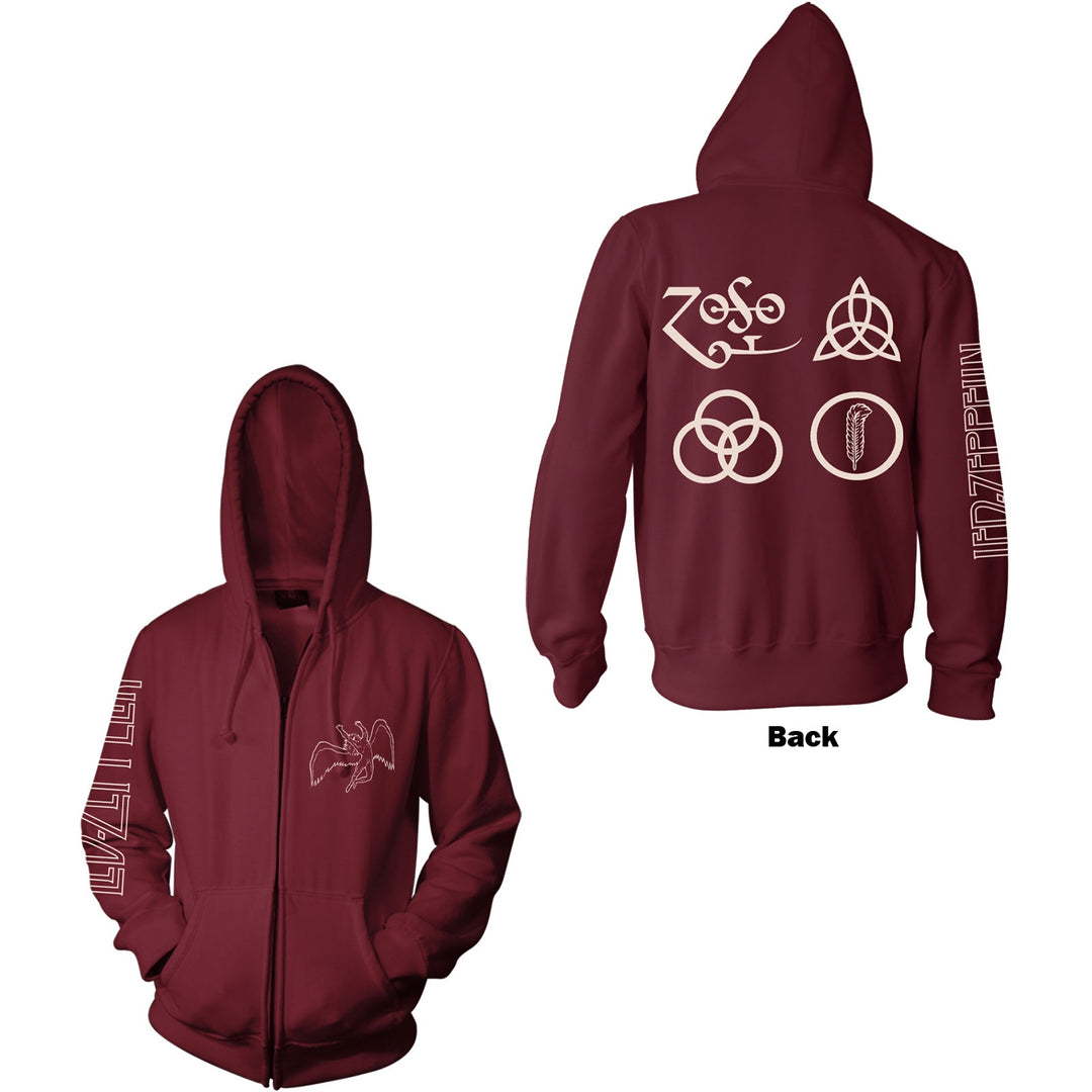 Led Zeppelin Unisex Zipped Hoodie - Symbols (Maroon Red)