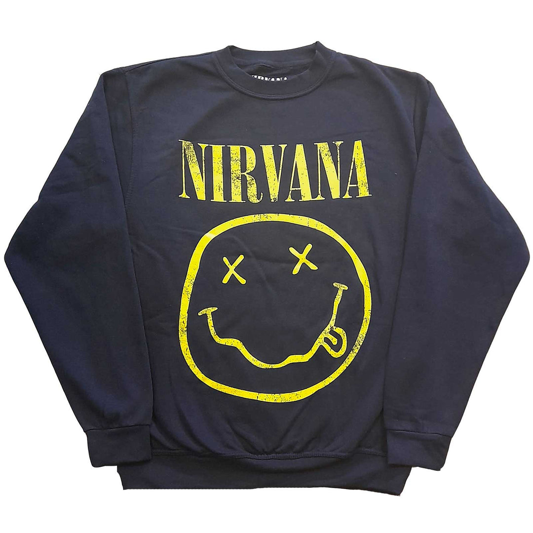 Rock Off - Nirvana 'Yellow Happy Face' Unisex Navy Blue Sweatshirt