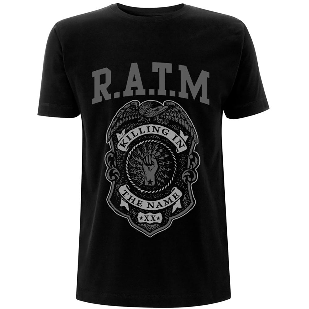 RAGE AGAINST THE MACHINE UNISEX T-SHIRT: GREY POLICE BADGE