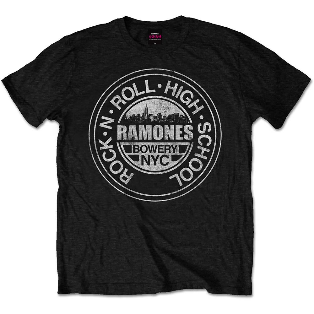 RAMONES UNISEX T-SHIRT: ROCK 'N ROLL HIGH SCHOOL, BOWERY, NYC