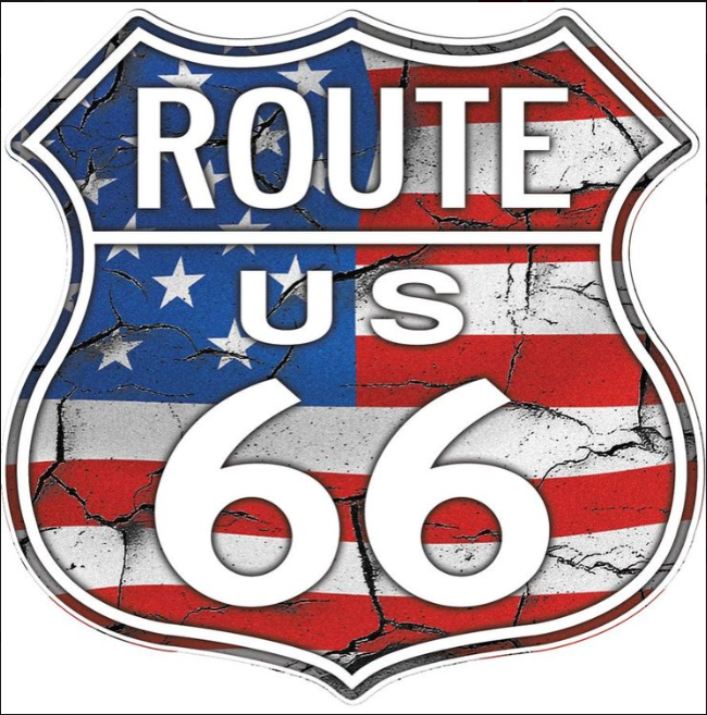 Route 66 US Highway Shield w/Flag Sticker - Small