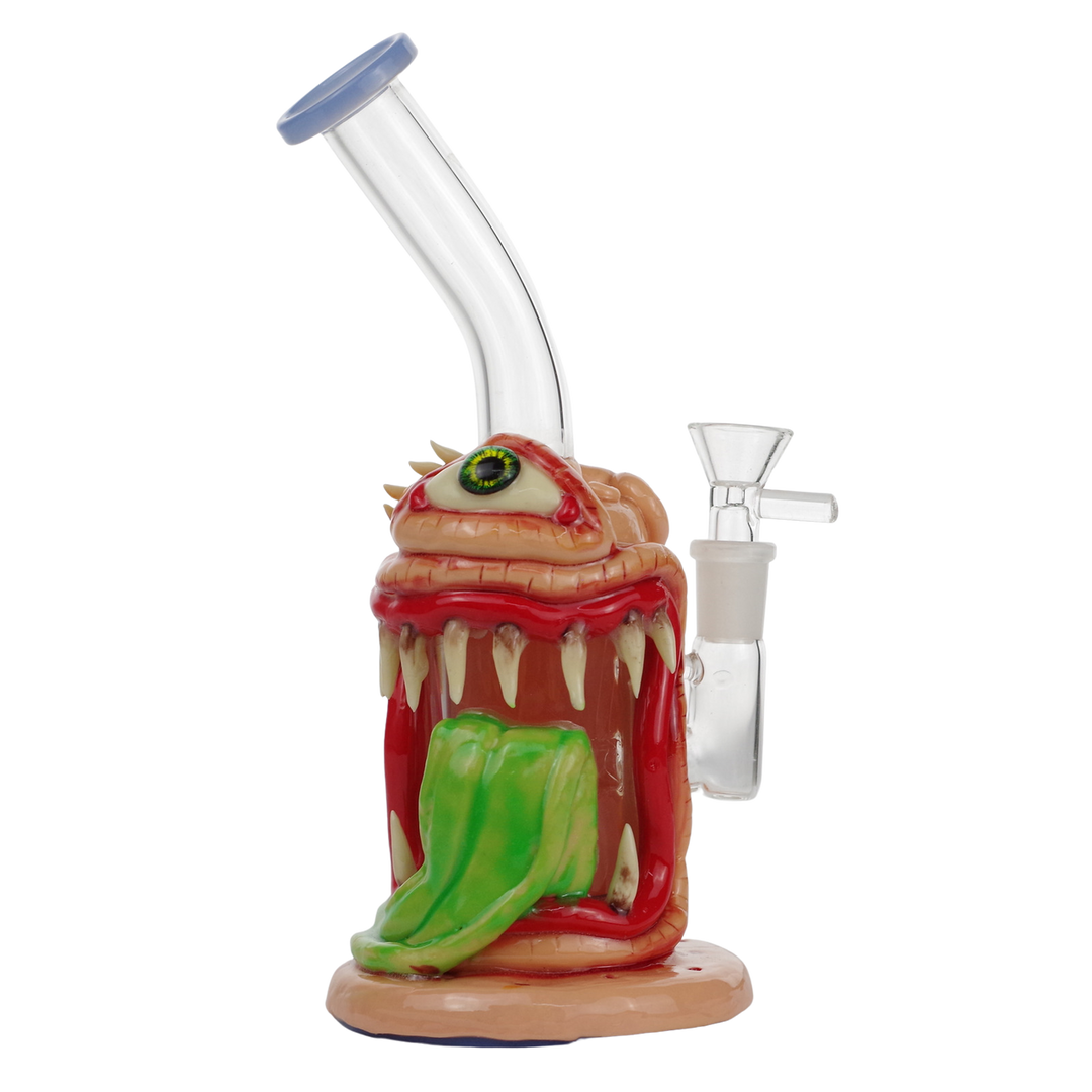8" Glass Water Pipe Clay Monster Eye & Mouth Design