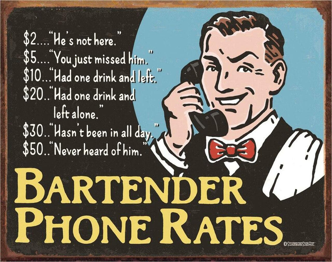 Bartender's Phone Rates Tin Sign