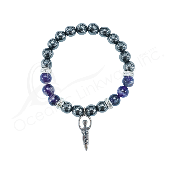 Oceanic - Hematite & Amethyst Beaded Bracelet w/Spiral Goddess