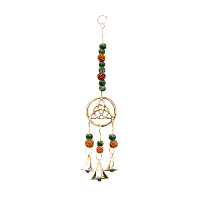 Oceanic - Hanging Triquetra w/Green Beads Rudraksha and Bells