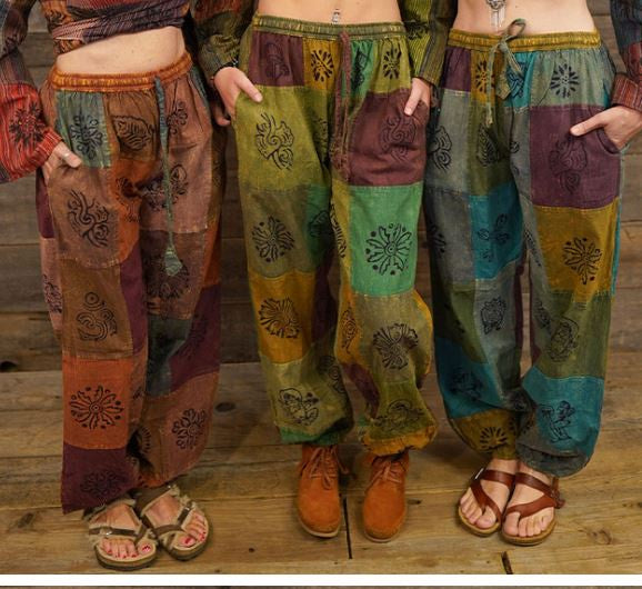 Jayli - Fine Cotton Patchwork w/Block Print Harem Pants w/Pockets