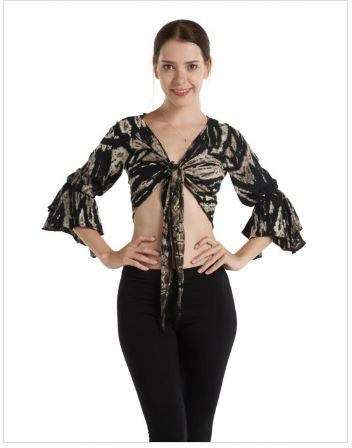 Kathmandu - Black & White Tie Dye Bell Sleeves Crop Top