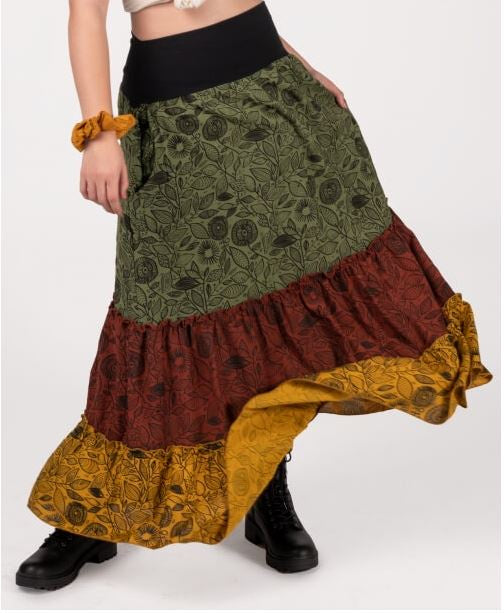 Soul Flower - Three Tier Viscose Maxi Skirt w/Pockets