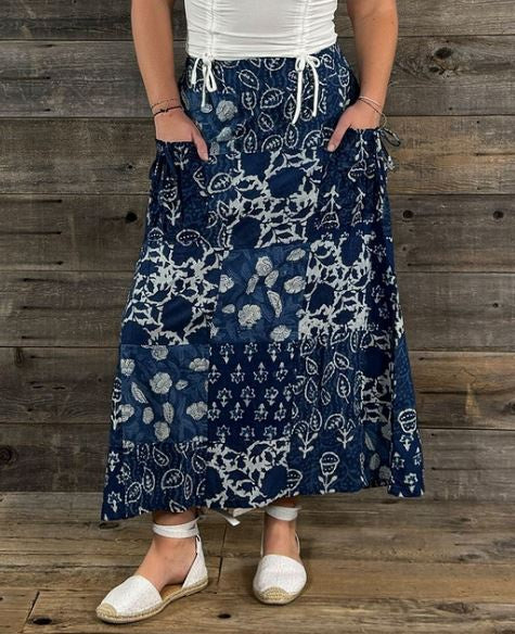 Jayli - "INDIGO GARDEN" Indigo Dye Print Patchwork Maxi Skirt w/Front Pockets