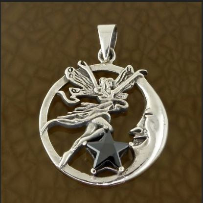 Nirvana - Sterling Silver Fairy Moon w/Star Stone Pendant