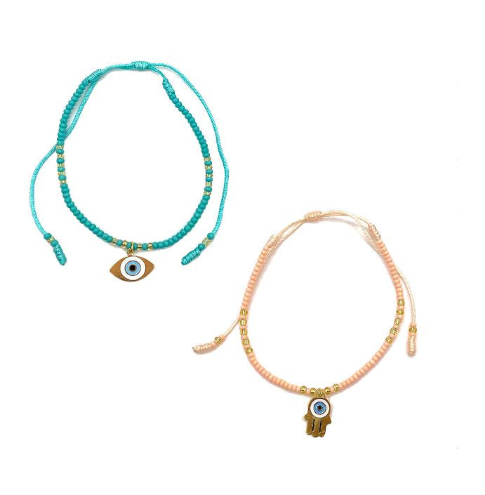 Seed Bead Evil Eye Charm Pull Tie Bracelet