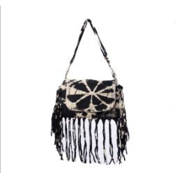 Black & White Tie Dye Boho-Chic Fringe Crossbody Bag