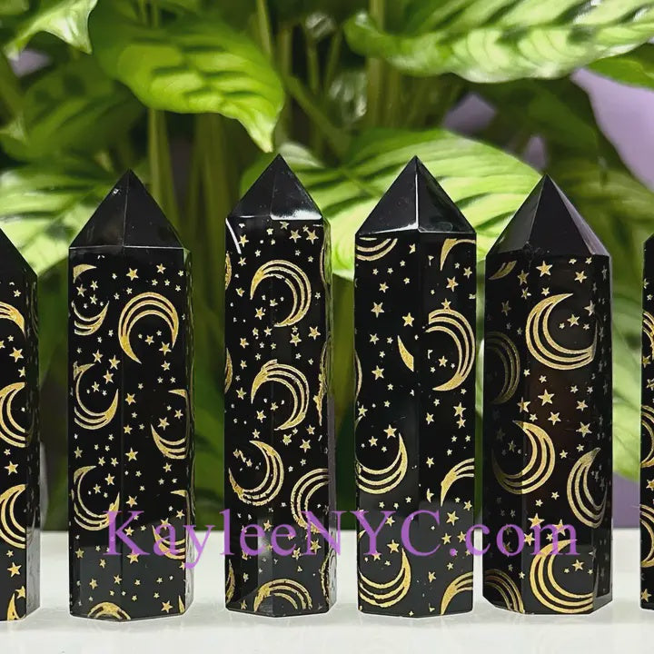Black Obsidian Etched Moon & Star Obelisk