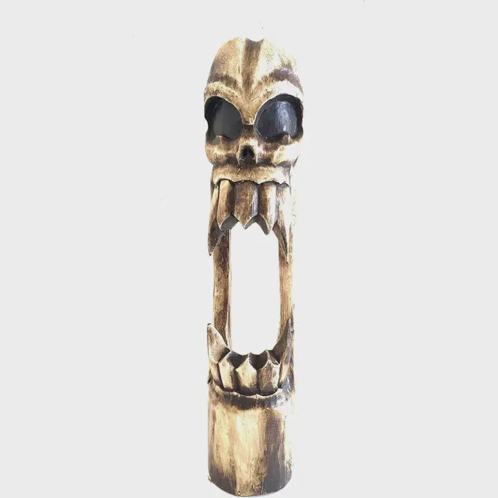 Halloween Decor Skeleton Skull Statue with Fangs Wooden - L