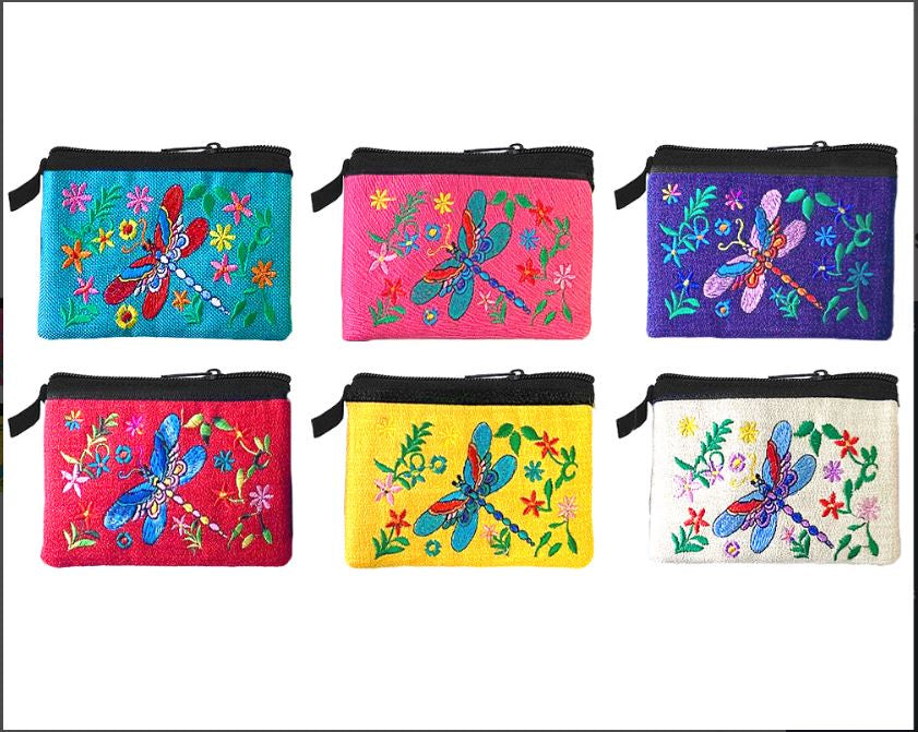 Embroidered Dragonfly Floral Ecuadorian Coin Purse Pouch