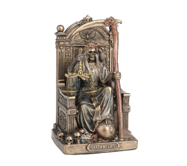 Santa Muerte On Throne Holding Scythe & Scale Statue 78376