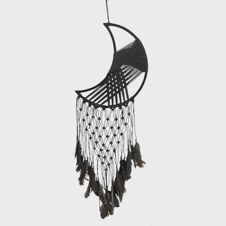 Large Boho Macrame Crescent Moon Dreamcatcher - Black