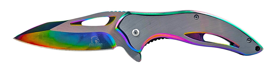4.5" Heavy Duty Stainless Steel Folding Pocket Knife with Belt Clip - Rainbow Titanium
