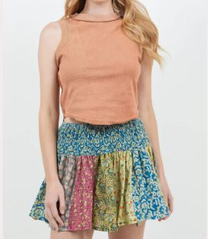 Cotton Elasticated Waist Panel Mini Skirt w/Pockets 3920