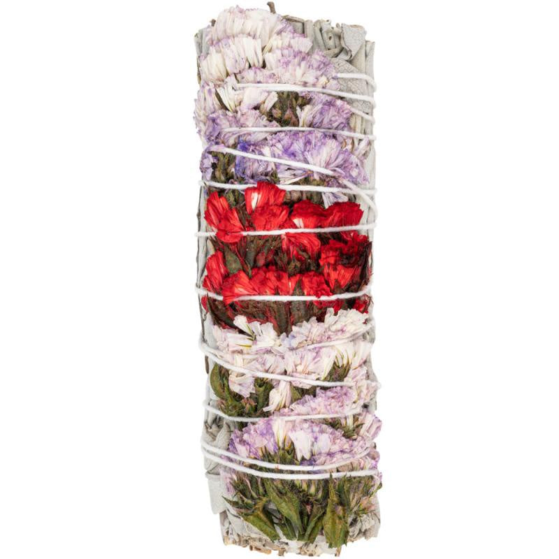 White Sage Smudge Stick w/Red & Purple Flowers