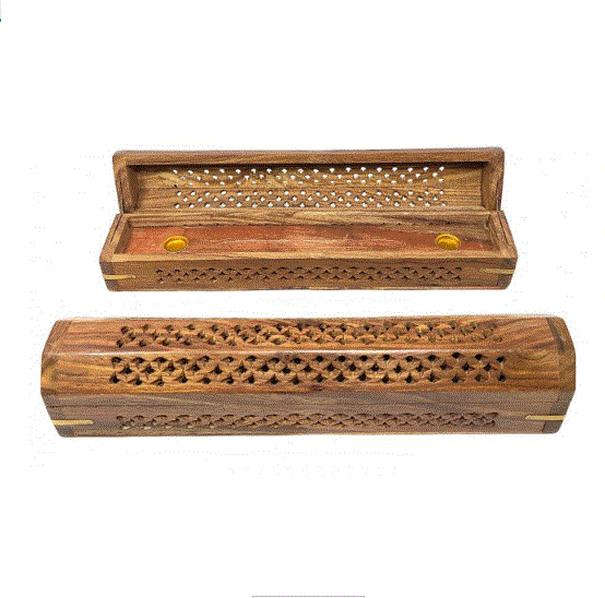 12" Carved Wood Coffin Incense Burner - With Filigree 10875